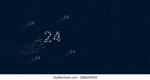 A around the clock symbol filled with dots flies through the stars leaving a trail behind. There are four small symbols around. Vector illustration on dark blue background with stars