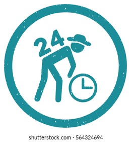 Around the Clock Work grainy textured icon inside circle for overlay watermark stamps. Flat symbol with scratched texture.