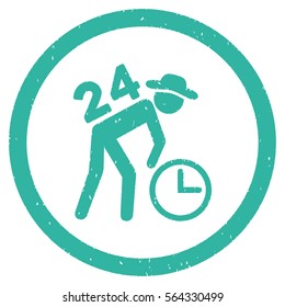 Around the Clock Work grainy textured icon inside circle for overlay watermark stamps. Flat symbol with scratched texture.