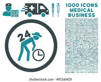 Around the Clock Work icon with 1000 medical commercial soft blue vector pictographs. Collection style is flat bicolor symbols, white background.