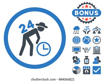 Around the Clock Work icon with bonus pictures. Vector illustration style is flat iconic bicolor symbols, smooth blue colors, white background.
