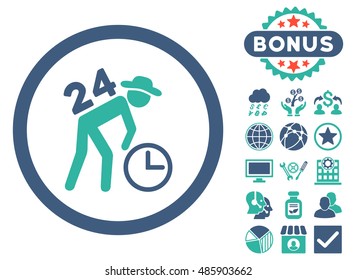 Around the Clock Work icon with bonus elements. Vector illustration style is flat iconic bicolor symbols, cobalt and cyan colors, white background.