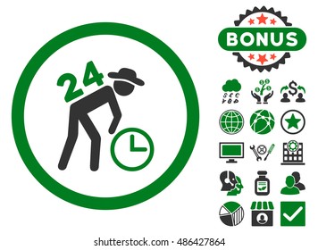 Around the Clock Work icon with bonus design elements. Vector illustration style is flat iconic bicolor symbols, green and gray colors, white background.