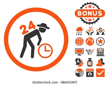 Around the Clock Work icon with bonus symbols. Vector illustration style is flat iconic bicolor symbols, orange and gray colors, white background.