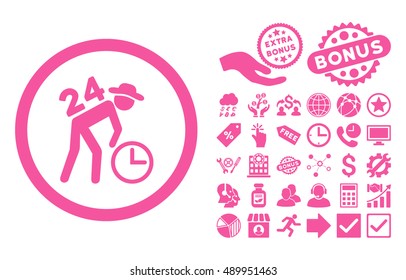 Around the Clock Work icon with bonus pictures. Vector illustration style is flat iconic symbols, pink color, white background.