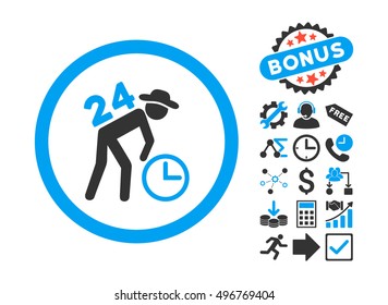 Around the Clock Work icon with bonus pictogram. Vector illustration style is flat iconic bicolor symbols, blue and gray colors, white background.