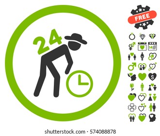 Around The Clock Work icon with bonus decoration pictograms. Vector illustration style is flat rounded iconic eco green and gray symbols on white background.