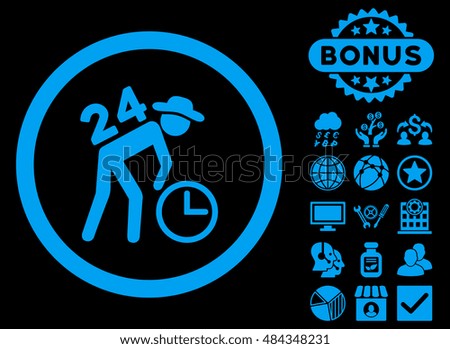 Around the Clock Work icon with bonus images. Vector illustration style is flat iconic symbols, blue color, black background.