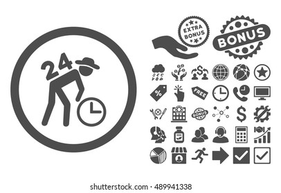 Around the Clock Work pictograph with bonus symbols. Vector illustration style is flat iconic symbols, gray color, white background.