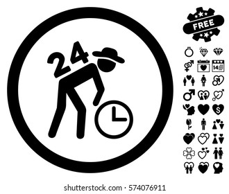 Around The Clock Work pictograph with bonus valentine images. Vector illustration style is flat rounded iconic black symbols on white background.