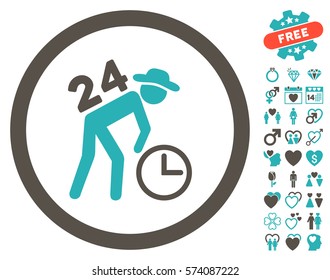 Around The Clock Work pictograph with bonus valentine icon set. Vector illustration style is flat rounded iconic grey and cyan symbols on white background.
