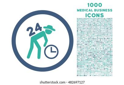 Around the Clock Work rounded vector bicolor icon with 1000 medical business icons. Set style is flat pictograms, cobalt and cyan colors, white background.