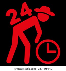 Around The Clock Work vector icon. Style is flat symbol, red color, rounded angles, black background.