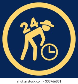 Around The Clock Work vector icon. Style is flat rounded symbol, yellow color, rounded angles, blue background.