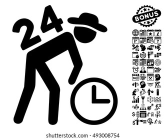 Around the Clock Working Gentleman icon with bonus calendar and time management images. Vector illustration style is flat iconic symbols, black color, white background.