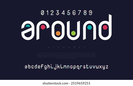 Ao redor da fonte criativa moderna do alfabeto urbano geométrico. Abstrato digital futurista, jogo, techno, robô, música, logotipo, esporte, tipografia de tecnologia mínima. Ilustração de vetor numérico simples