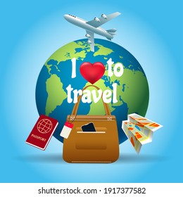 Around earth travelling poster. World tourism, i love travel concept with globe, heart and plane, aircraft entertainment traveller tours vector illustration