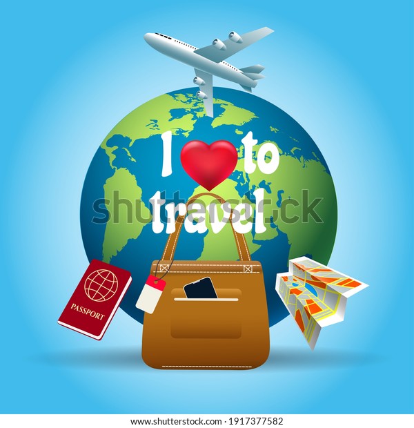 Around earth travelling poster. World\
tourism, i love travel concept with globe, heart and plane,\
aircraft entertainment traveller tours vector\
illustration