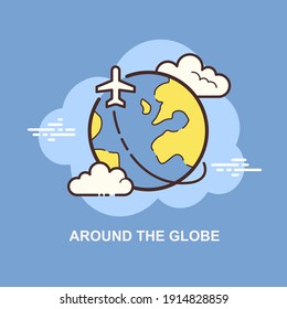 Around the globe plane travelling with clouds in deep sky and space Flat concept design 