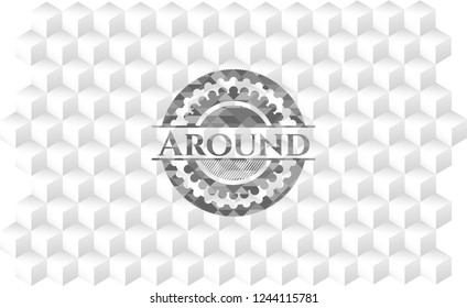 Around grey badge with geometric cube white background