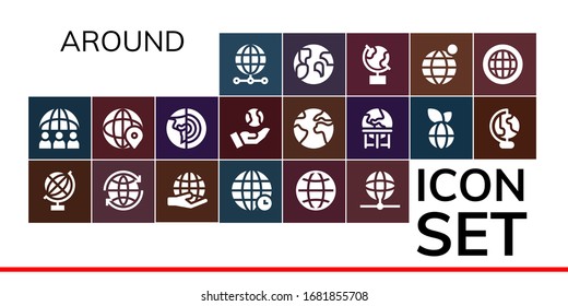 around icon set. 19 filled around icons. Included World, Worldwide, Globe, Earth, Planet earth, Earth globe icons