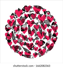 Around motif with fish and hearts. Vector card.