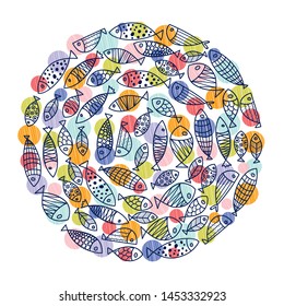 Around motif with fish. Vector card.