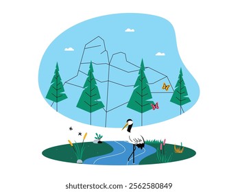 Around the river grow aquatic plants lotus flowers, a white stork is looking for food, mountain scenery of pine trees and butterflies flying freely, ecosystem vector illustration.