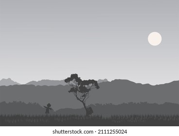 around the trees there are rice and scarecrows, also visible mountains, the sky, also the full moon are all visible in silhouette