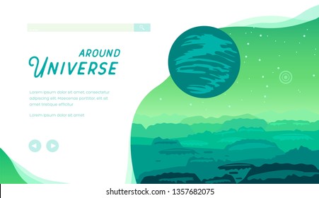 Around Universe vector landing page template. Space exploration. Planetarium, cinema website homepage design. Astronomy courses web banner with text space. Planet minimalistic illustration