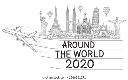 Around The World With Airplane Travel Landmark. Travel 2020 Doodle Art Drawing Style Vector Illustrations.