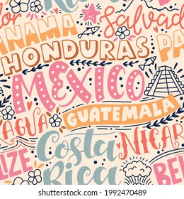Around the World. CENTRAL AMERICA vector lettering seamless pattern. Country and major cities. Vector illustration