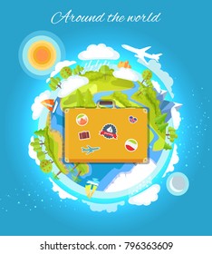 Around the world color card vector illustration with cute globe, lot of clouds trees and rivers mountain aircraft and sailboat, big case with stickers
