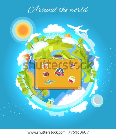 Around the world color card vector illustration with cute globe, lot of clouds trees and rivers mountain aircraft and sailboat, big case with stickers