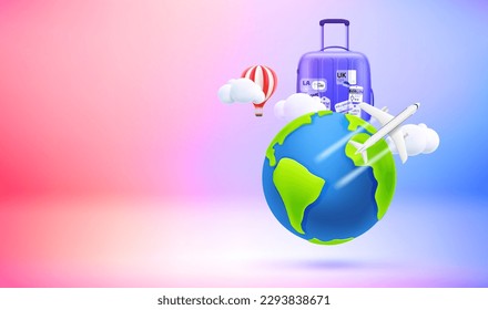 Around the world concept with the Earth, balloon, airplane and suitcase. 3d vector banner with copy space

