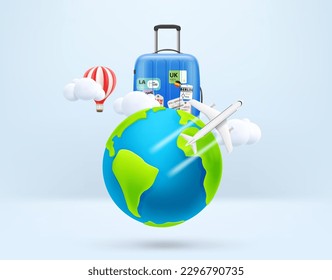 Around the world concept with the Earth, balloon, airplane and suitcase. Vector 3d illustration

