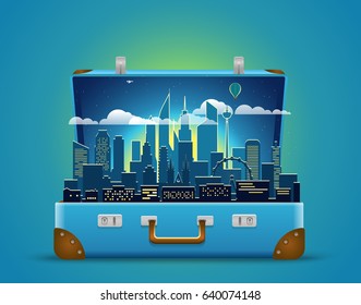 Around the world concept. Modern cityscape night scene