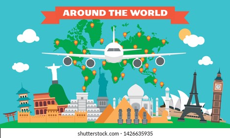 Around the world flat design with plane and map land vector illustration