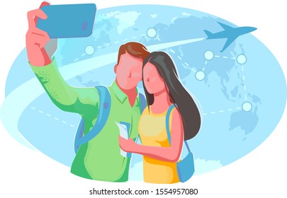 Around world flat illustration. Couple selfie travel Flight world map card. Romantic Journey, vacation, holiday concept. Honeymoon trip airplane banner. Travel agency poster Isolated on white backdrop