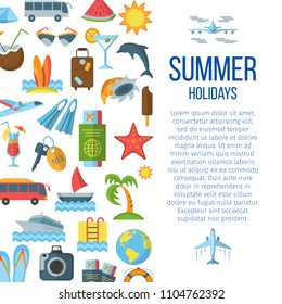 Around the World flat pattern with travel vacation and summer icons vector illustration. Colorful symbols of globe tickets keys bus airplane. Concept frame for web site print media apps