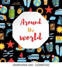 Around the World flat pattern with travel vacation and summer icons vector illustration. Colorful symbols of globe tickets keys bus airplane. Concept frame for web site print media apps