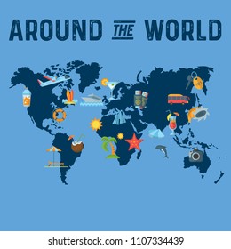 Around the World flat poster with summer symbols and world map vector illustration. Travel and tourism concept. Place for text. Isolated on white background