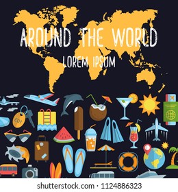 Around the World flat poster with summer symbols and world map vector illustration. Travel and tourism concept. Place for text. Isolated on white background