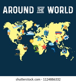 Around the World flat poster with summer symbols and world map vector illustration. Travel and tourism concept. Place for text. Isolated on white background