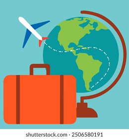 Around the world. Globe world plane suitcase sky. Flat vector illustration.