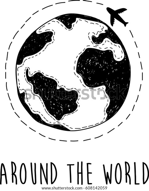 世界中 手描きの惑星と点線付き飛行機 スタイリッシュなベクター画像モノクロイラスト 放浪者 旅行 のベクター画像素材 ロイヤリティフリー