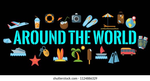 Around the World horizontal banner with summer symbols hotel room service and transfer vector illustration. Travel and tourism concept. Flat style design
