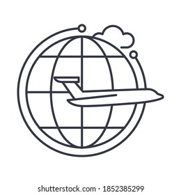 Icono de alrededor del mundo, ilustración lineal aislada, vector de línea delgada, signo de diseño web, símbolo de concepto de contorno con trazo editable sobre fondo blanco.
