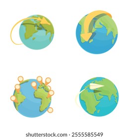 Around world icons set cartoon vector. Plane flies around earth. Travel around world