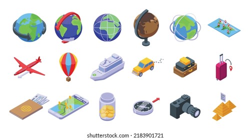 Around the world icons set isometric vector. World globe. Arrow earth